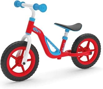 ChillafishCharlie lightweight toddler balance bike with carry handle, adjustable seat and handlebar, puncture-proof 10-inch wheels, and custom molded seat, for kids 18-48 months. Red
