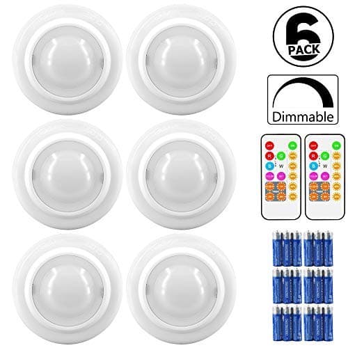 Wireless LED Puck Lights, Kitchen Under Cabinet Lighting with Remote Control, Battery Powered Dimmable Closet Lights, Red，Green，Blue,W 6000K Day Light-6 Pack