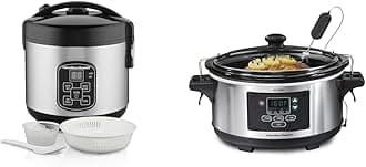 Hamilton Beach Digital Programmable Rice Cooker & Food Steamer & Portable 6 Quart Set & Forget Digital Programmable Slow Cooker Lock, Dishwasher Safe Crock & Lid, Temperature Probe, Stainless Steel