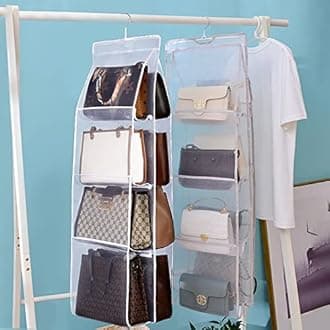 Lirex Handbag Hanging Purse Organizer for Closet, 8 Pocket Handbag Storage Organizer Hanger Oxford Cloth Closet Organizer for Family Closet Bedroom, Foldable and Universal Fit, White