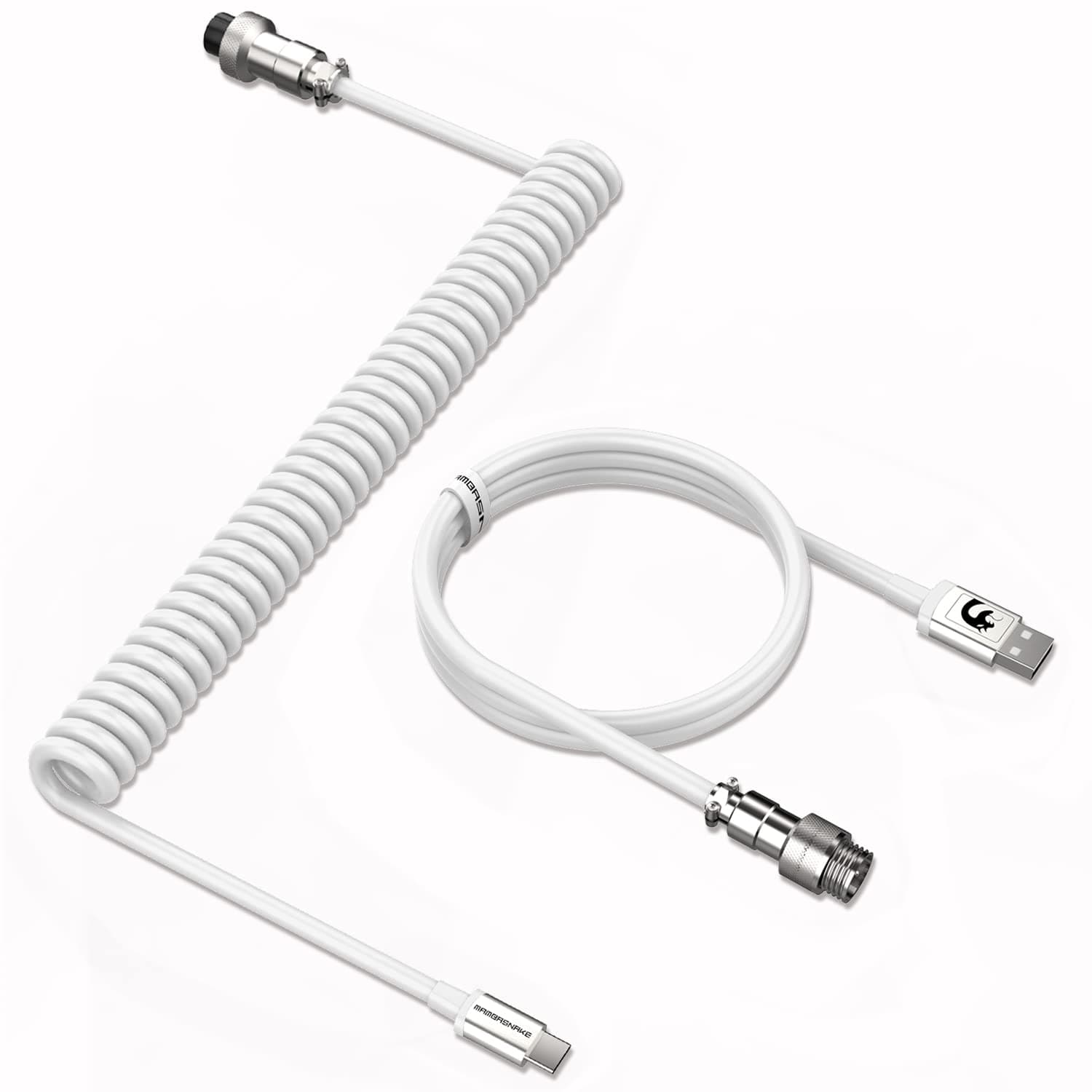 MAMBASNAKE C01 Coiled Keyboard Cable, Pro Custom USB-C Aviator Cable, Type-C to USB-A HyperSpeed Line with 8KHz Return Rate, 4-Pin Metal Aviation Connector for Magnetic Gaming Keyboard - White