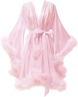 Changuan Women's Feather Robe Silk Satin Fur Bridal Robe Short Dressing Gown Bathrobe Lingerie Nightgown Sleepwear