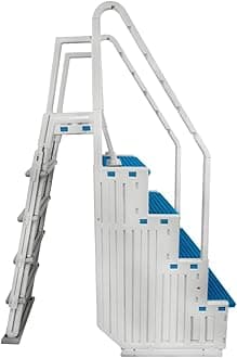 Above Ground Swimming InPool Step & Ladder | Heavy Duty | White Frame with Blue & Gray Steps | Deck Height Up to 60 Inches | Enter & Exit Your Pool Safely