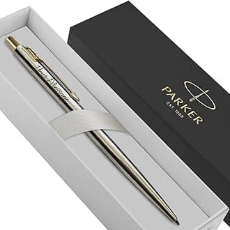 Parker Classic Slimline Ballpoint Personalised Pen In Classy Gift Box Ideal Valentine's day, Birthday or Mothers Day Gift Perfect Men & Women Engraved Parker Pen (Silver, Gold Clip)