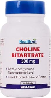 Healthvit Choline Bitartrate 500mg - Essential For Brain & Nerve Function | Effective in Cognitive Function & Fat Metabolism | Vegan And Non-GMO | 60 Capsules
