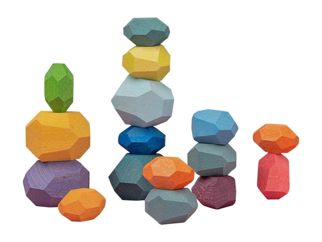 16 Balancing Wooden Blocks Stocking Stuffers for Toddlers Montessori Multicolored Stacking Stones Building Sensory Fun Educational Toy Motor Skills, Learning, Color and Shape Recognition, pyramid toy