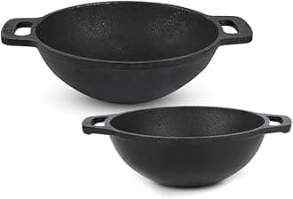 The Indus Valley Pre-Seasoned Cast Iron Cookware Set | Kadai (20.3cm/1.4L)+ Kadai (25.2 cm/2.2L) | Kitchen Cooking Combo Pots and Pans Set of 2Pc | Naturally Nonstick