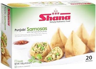 Shana Punjabi Samosas | with Tamarind Chutney | 20Pcs | Pyramid Shaped | Delicious Taste | Tea Snacks | Ready to Eat | 100% Fresh | Vegan | Indian Origin | 1180g