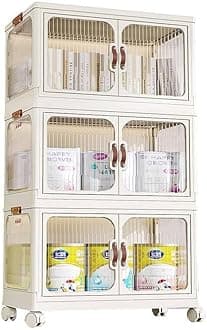 3 Layer Storage Cabinet with Doors, Stackable Plastic Storage Bins with Lid and Wheels, Durable and Spacious Multi-Purpose Cabinet for Home, Office, or Kitchen (White, 53x32x88cm)