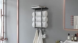 BETHOM Towel Rack with Metal Shelf and 3 Hooks for Small Bathroom, Towel Storage Wall Can Holds Up to 3 Large Size(63x40 inch) of Rolled Towels, Black