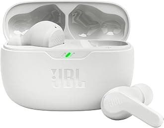 Vibe Beam - True Wireless JBL Deep Bass Sound Earbuds, Bluetooth 5.2, Water & Dust Resistant, Hands-free call with VoiceAware, Up to 32 hours of battery life (White)