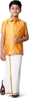RAMRAJ COTTON Boys Silk Cotton Shirt with Adjustable Dhoti