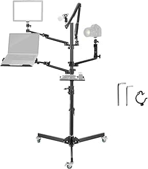 NEEWER Live Streaming Stand with Casters, Overhead Camera Mount Floor Stand with Mic Boom Arm, Phone/Tablet/Laptop Holder, Tray, All in One Mobile Webcam Stand for Video Live Broadcast Podcast, DS010