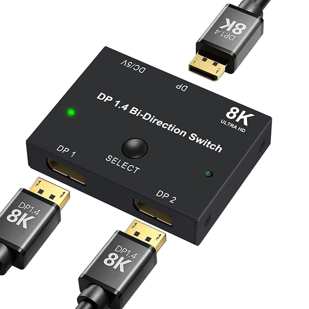 DisplayPort Switch 8K Splitter Bidirectional DP 1.4 Switcher 2 In 1 Out/1 in 2 out Supports 8K@30Hz 4K@120Hz Compatible with PC Host Monitor Laptop etc