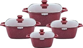 Royalford 4Pcs Die-Cast Aluminium Stockpot Set with Glass Lids - Induction Safe Non-Stick Casserole Set - Granite Coating Cookware Pots - Large Cooking Stockpot - Suitable for Most Types of Hobs Red