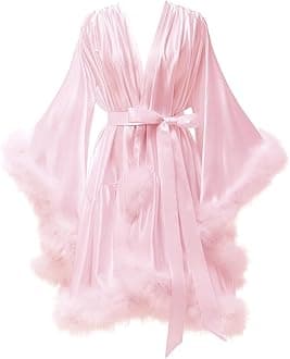 Feather Fur Robe Silk Satin Bridal Dressing Gown Sexy Illusion Lingerie Nightgown Bathrobe Sleepwear