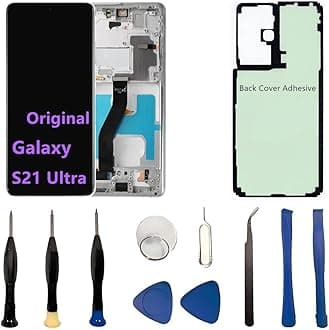 Original 6.8" AMOLED Display for Samsung Galaxy S21 Ultra Screen Replacement OEM S21Ultra 5G SM-S998U SM-S998U1 Display Touch Screen Digitizer Assembly (with Silver Frame+Back Cover Adhesive+Tools)