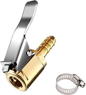 Tire Air Chuck Adapter with Clip,1/4" Brass American Type Thread Pump Nozzle，Locking Tire Inflator Adapter Connect, Air Compressor Tire Chuck Hose End with Barb Connector for Hose Repair 1PC