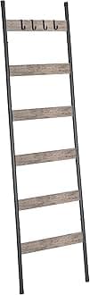 HOOBRO Blanket Ladder, 6-Tier Towel Rack with Hooks, Wall-Leaning Blanket Rack, Decorative Display Ladder Shelf, Scarves, Industrial, Living Room, Bedroom, Black and Greige BG66CJ01