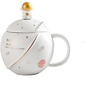 Coffee Mug, Gift for Man, Birthday Present for Brother, Mugs for Present, Christmas Gifts, Ceramic Mug, Cute Mugs, Astronaut Planet Coffee Mug with 3D Creative Space, Lid & Spoon (400ml-White)