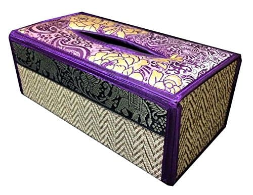 Tissue Box Cover Thai Handicarft Woven in Rectangular Made From Thai Silk and Reed Straw with Extra Silk Elephant and Flower Design 5x3.7x10.2 Inches