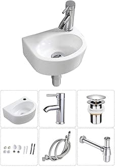 Wall Hung Basin Sink Small Cloakroom Basin Rectangle Ceramic Wash Basin Right Hand (Oval Sink Set (with Tap&Drain))