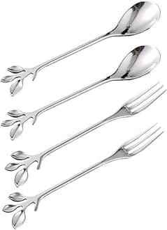 Coffee Spoon Fork 4 Pack(2 Spoons 2 Forks),Silver Leaf Retro Dessert Coffee Small Spoon Cocktail Picks Fruit Fork Flatware,4.7 Inches Stainless Steel Tea Spoon Set (Silver4)