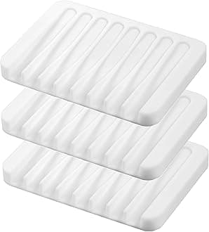 Self Draining Soap Dishes, 3 Pcs Silicone Soap Saver, Waterfall Drainer Soap Holder for Bathroom, Extend Soap Life, Keep Soap Bars Dry Clean & Easy Cleaning (White)