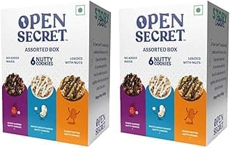 Open Secret Multi Flavor Story Box|1 Assorted Story Box with Choco Almond,White Choco Cashew & Peanut Butter Nutty Cookies|No Added Maida|Family Snacks Biscuit|6 Cookies Per Box, (Pack of 2),75 Gram