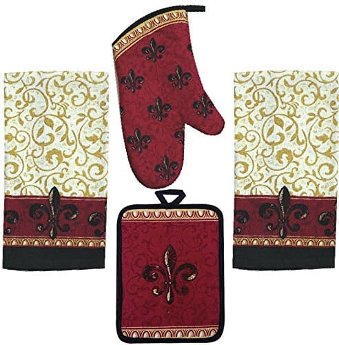 4 Piece Scroll Fleur De Lis Kitchen Set - 2 Terry Towels, Oven Mitt, Potholder
