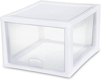 8-Pack 27 Quart Stacking Drawer, Clear Storage Closet Organizer, White Frame - Stackable Modular Plastic Drawers for Clothes, Accessories, Craft Supplies, Shoes or Linens