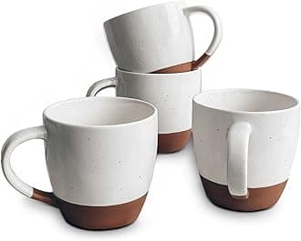 Mora Ceramic Large Latte Mug Set of 4, 16oz - Microwavable, Porcelain Coffee Cups With Big Handle - Modern, Boho, Unique Style For Any Kitchen. Microwave Safe Stoneware - Vanilla White