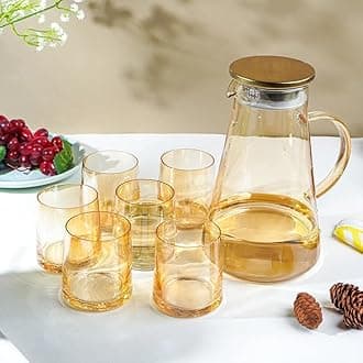 Bellemax Diamond Premium Water and Juice Glasses Set of 6 and Brwon Jug Set Combo,(6 Pieces Glasses 200ML and 1 Water Juice Jug 1 Liter), Transparent, Glass and Jug Set (Octagon Set)