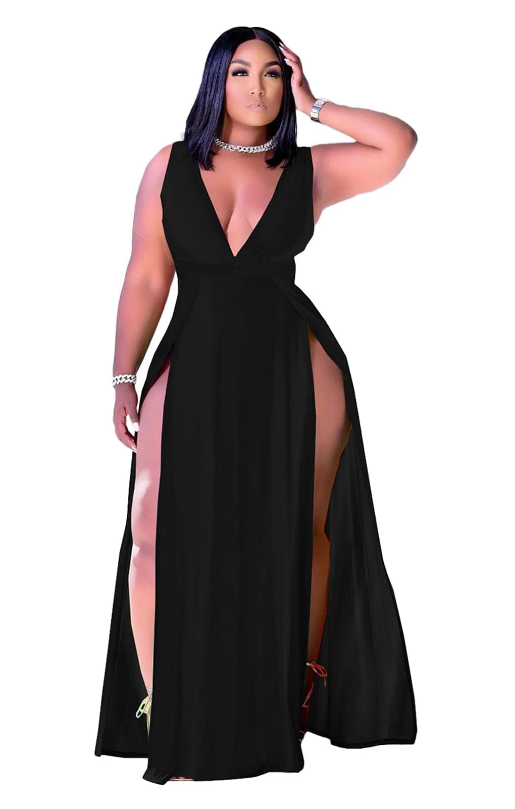 Women's Plus Size Sleeveless Deep V Neck Front Split Long Maxi Wrap Dress
