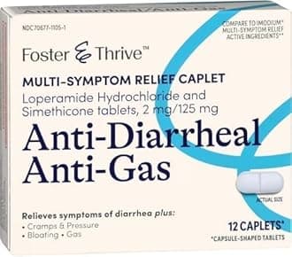 Loperamide Hydrochloride and Simethicone Anti-Diarrheal Anti-Gas Multi-Symptom Relief, 48 Caplets, Treatment of Diarrhea, Gas, Bloating, Cramps & Pressure, 12 Caplets (Pack of 4)