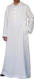 Muslim Hooded Kaftans for Men Linen Robe Long Sleeve Button Down Long Gown Drawstring Shirts Thobe with Pockets