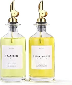 Deluxe Olive Oil Dispenser Bottle -Set of 2 350ml Glass Bottles With Gold Pourer for Kitchen and Cooking- Vintage Oil and Vinegar Bottle with Labels