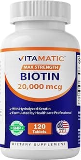 Vitamatic High Potency Biotin 20000 mcg (20mg) with Keratin 100mg - 120 Tablets - Biotin Supplements for Healthy Hair Skin & Nails for Adults (120 Count (Pack of 1))
