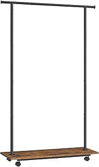 SONGMICS Clothes Rail, Portable Clothing Rack on Wheels, 98.5 cm Metal Clothes Rail, with Stoarge Shelf, Loads up to 55 kg, for Bedroom, Closet, Rustic Brown and Ink Black HSR151B01