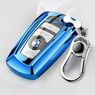 Tpu Silicone Full Protective Car Key Fob Cover for BMW，3 Buttons Remote Control Smart Key Case with Leather Keychain, Compatible with BMW 1/3/4/5/6/7 Series and X3/X4/M5/M6/GT3/GT5,etc.-Blue