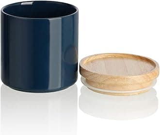 Sweejar Kitchen Canisters Ceramic Food Storage Jar, Stackable Containers with Airtight Seal Wooden Lid for Serving Ground Coffee, Tea, Sugar, Salt and More - 16 Fl Oz (Navy New)