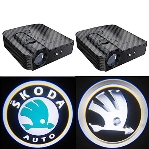 2Pcs Carbon fiber pattern Universal Wireless Smart Sensor Car Projection LED Projector Door Ghost Light Shadow Light Welcome Light Laser Emblem Logo Courtesy Lights Lamps (FOR-Skoda)