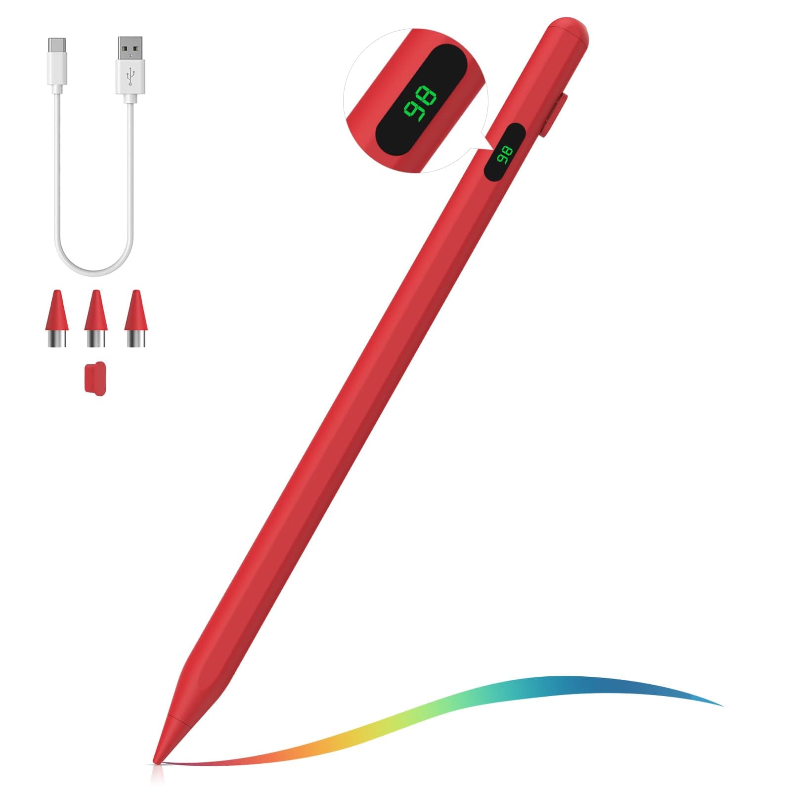 MoKo Stylus Pen for Touch Screen, Active Universal Stylus Pen Compatible with iPad/iPhone/Samsung(Non S Pen) and Other iOS/Android Smartphone and Tablet Devices Tablet Pen with Power Display, Red