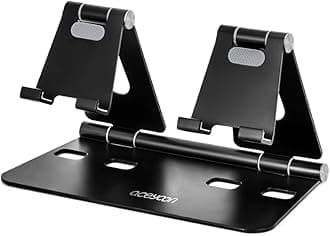 aceyoon Adjustable Tablet Stand, iPad/Cell Phone Holder for Desk, Aluminum Alloy Stand Holder for 2 Phones or a Tablet/Kindle, Sturdy Dual Stands, Foldable and Portable, Black