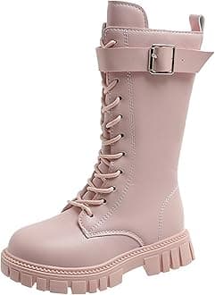 Girls Lace Up Riding Boots Mid Calf Combat Boots Fashion Waterproof PU Leather Side Zipper Punk Goth Boot 4-12.5 Years