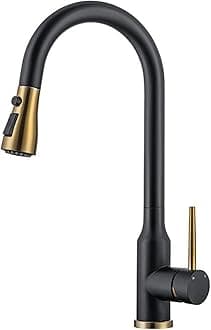 Kitchen Taps with Pull Out Spray Kitchen Mixer Tap Stainless Steel 2 Modes Swivel Hot and Cold Water Kitchen Sink Tap-Black+Gold