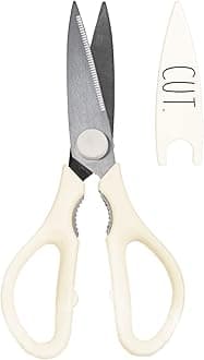 Rae DunnKitchen Scissors- Stainless Steel Kitchen Shears, Cooking Scissors for Cutting Meat, Chicken, Herbs and Produce with Blade Cover and Soft Grip Handles(White)
