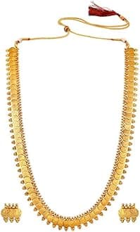 AheliWedding Wear Gold Tone Goddess Engraved on Coin Long Necklace Set South Indian Traditional Bollywood Fashion Jewelry Set for Women