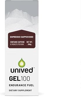 Unived Gel 100 - Vegan Energy Gel for Endurance Athletes Runners & Cyclists - 100kcal - Espresso Cappuccino - 100mg Caffeine - Pack of 6