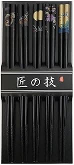 JapanBargain, 10 Pack of 5-Pair Black Bamboo Chopsticks Set with Traditional Japanese Crane Moon Sakura Design, Reusable Wooden Chop Sticks, Dishwasher Safe, 9 Inch, Japanese Chinese Korean Style